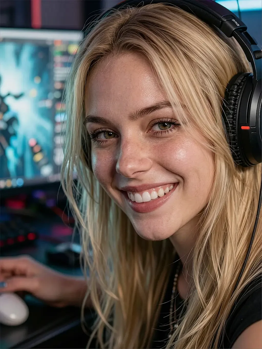 Fictional AI character in over-ear headphones laughing at a desk stacked with glowing monitors