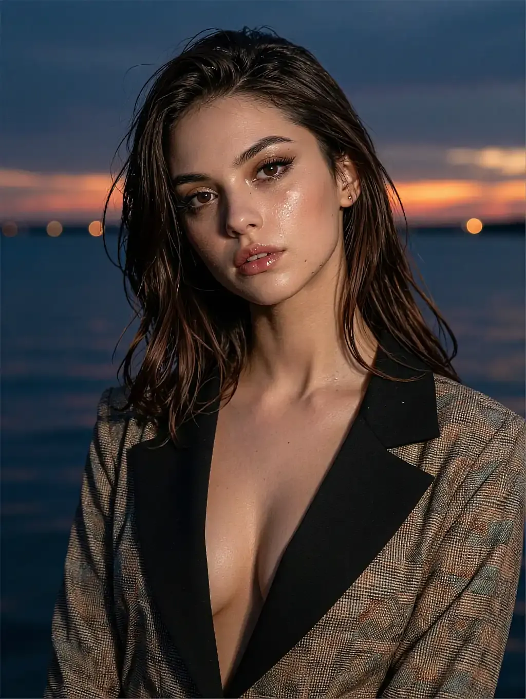 Fictional AI character in a tweed blazer over a black top, the sea and a low orange sunset behind her