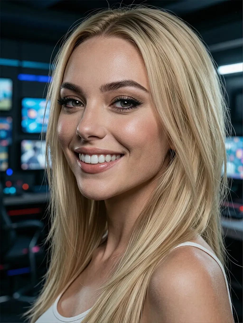 Fictional AI character with long blonde hair in a white vest, smiling in front of a wall of screens