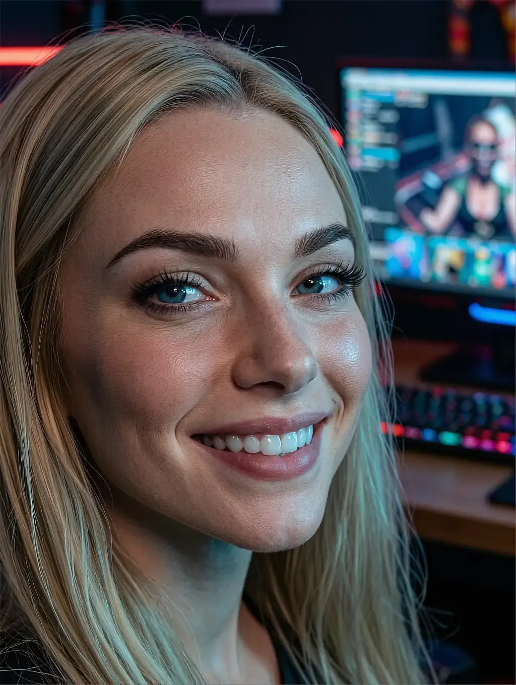 Fictional AI character with long blonde hair smiling close to the camera in a teal-lit room, monitors glowing behind her
